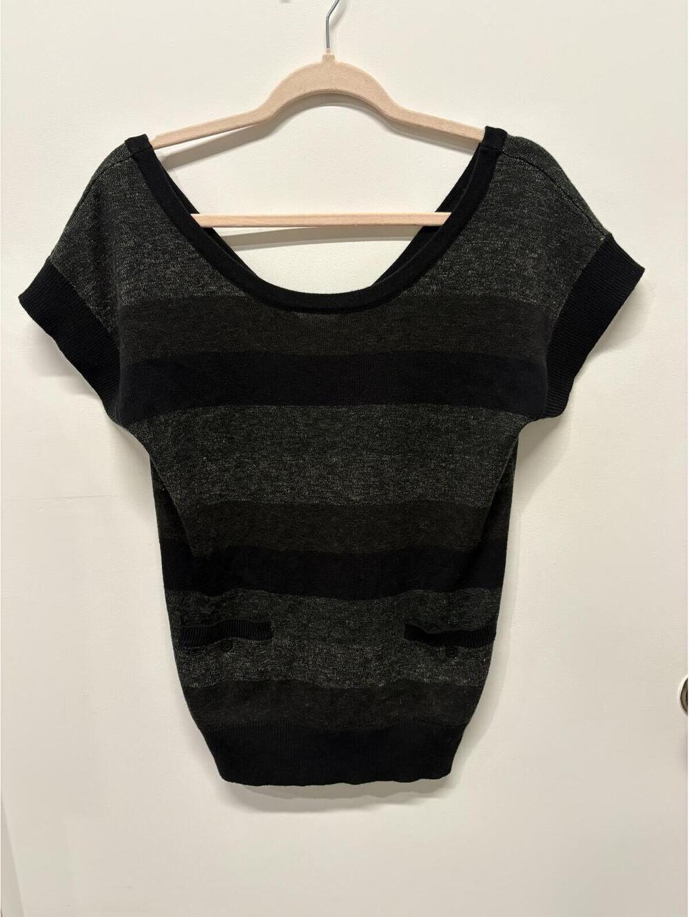 DC Women's Black Gray Striped Knit Short Sleeve Sweater Too Size Med